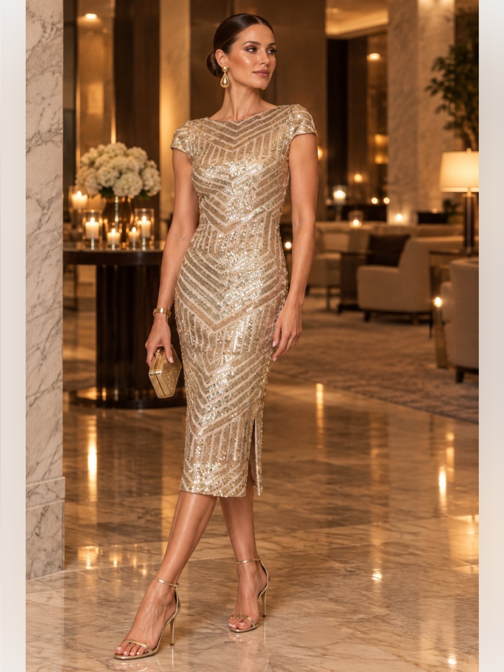 Dress the Population Tabatha Liquid Gold Sequin Sheath Dress M